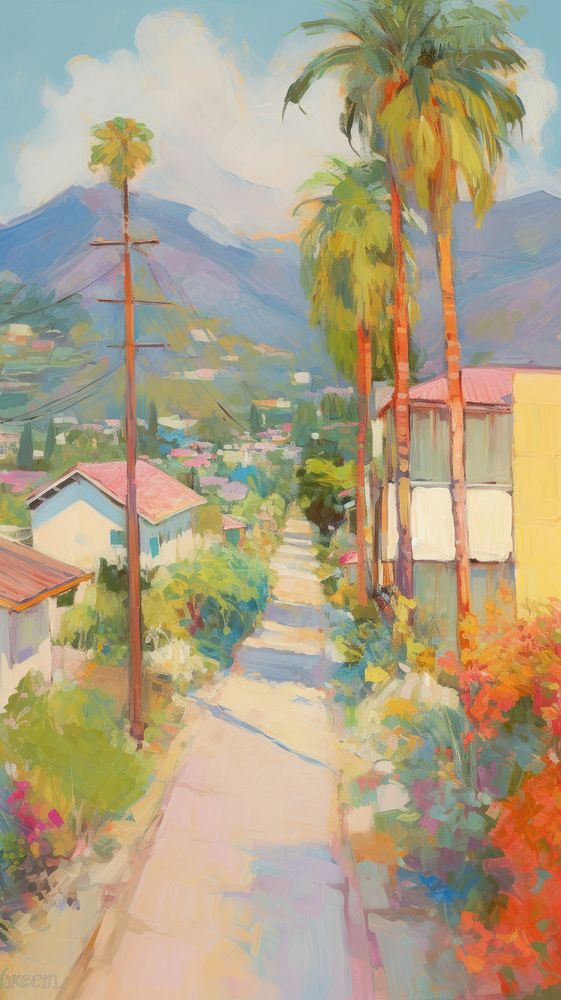 Oil painting illustration of a california neighborhood alleyway outdoors.
