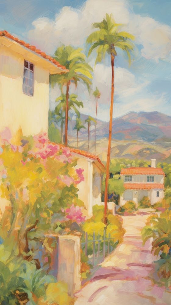 Oil painting illustration of a california architecture building outdoors.
