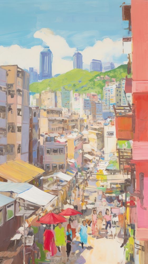 Oil painting illustration of a hong kong street person urban.