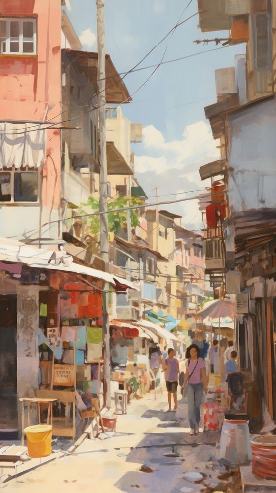 Oil painting illustration of a hong kong neighborhood architecture accessories.