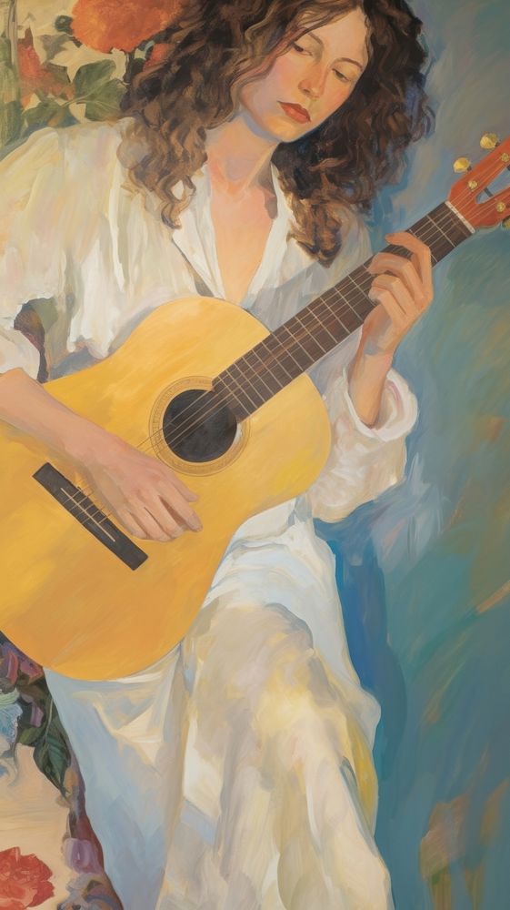 Oil painting illustration of a person holding guitar human art musical instrument.