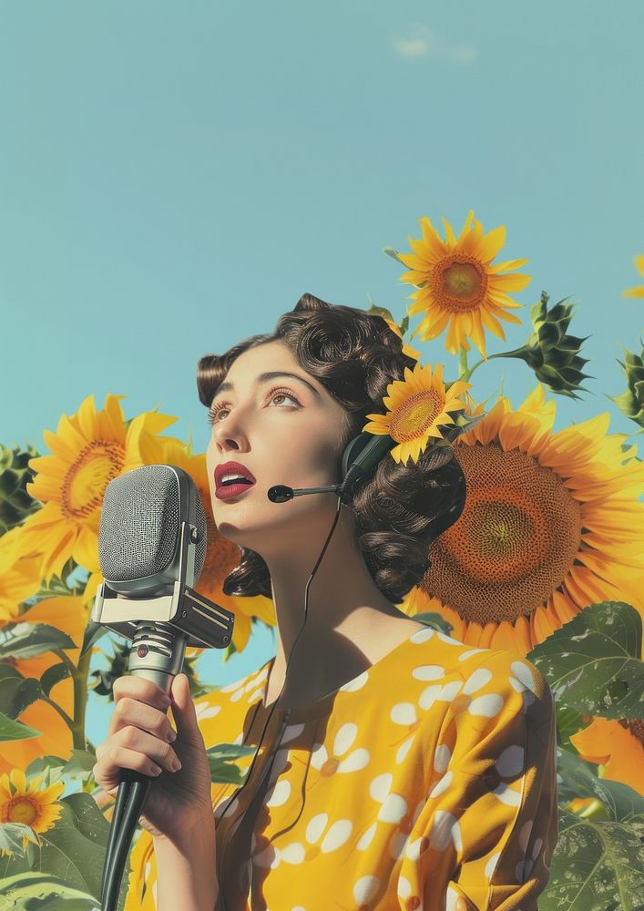 A latina Argentinian woman microphone sunflower photography.
