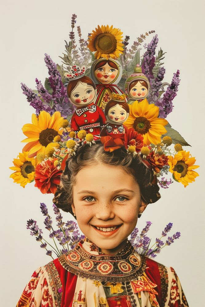 Russian cute girl sunflower face head.