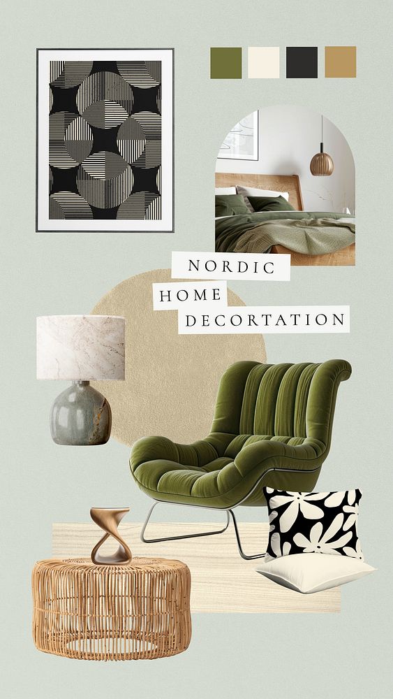 Green interior design mood board  collage