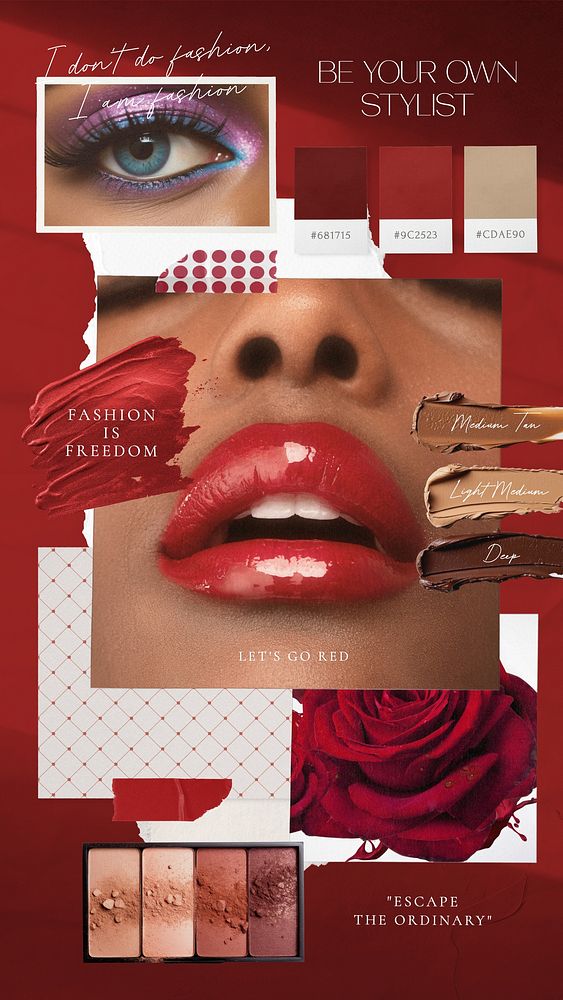 Red beauty cosmetics mood board  collage