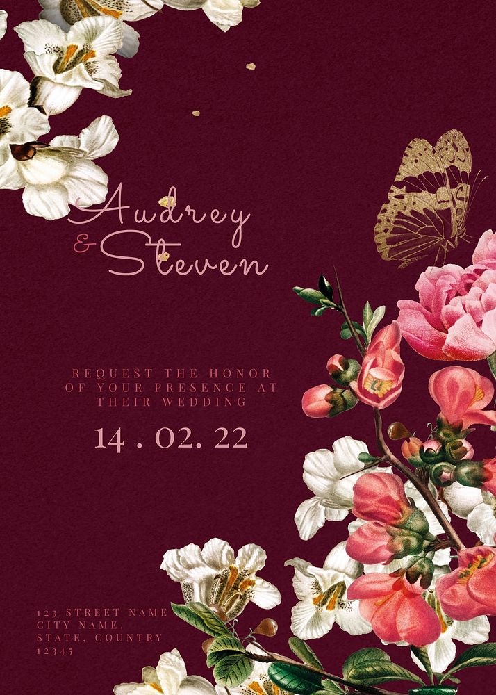 Wedding invitation card, editable template, floral design