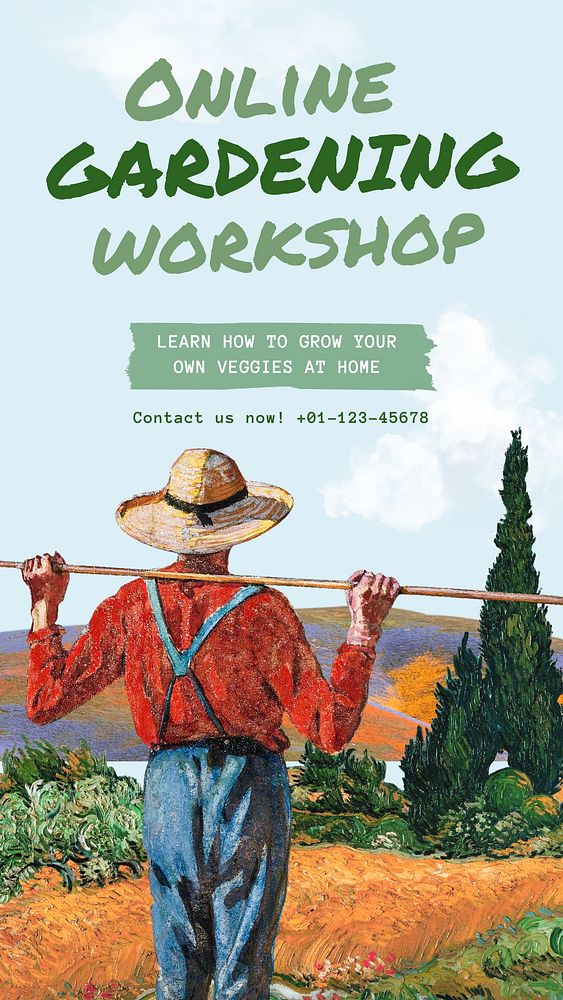Gardening workshop Instagram story template, Van Gogh's Wheat Field with Cypresses, famous painting, remastered by rawpixel