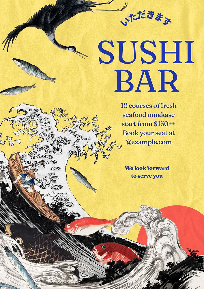 Sushi restaurant  poster template, vintage Ukiyo-e art remix