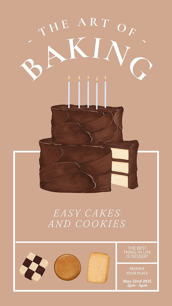 Baking class Instagram story template, chocolate cake illustration