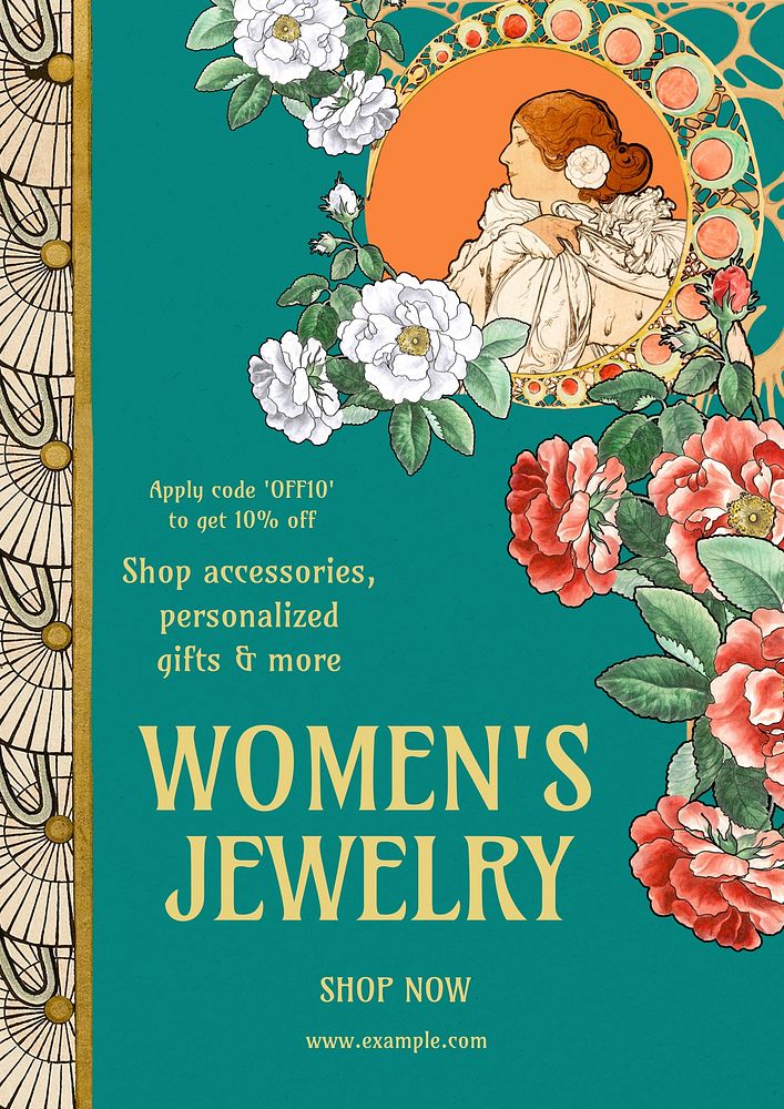 Women's jewelry shop poster template  Alphonse Mucha&rsquo;s  Art Nouveau design remixed by rawpixel
