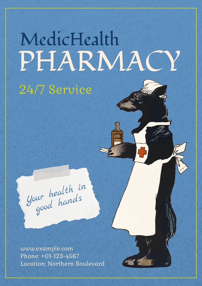 Vintage bear nurse poster template  Art Nouveau design remixed by rawpixel