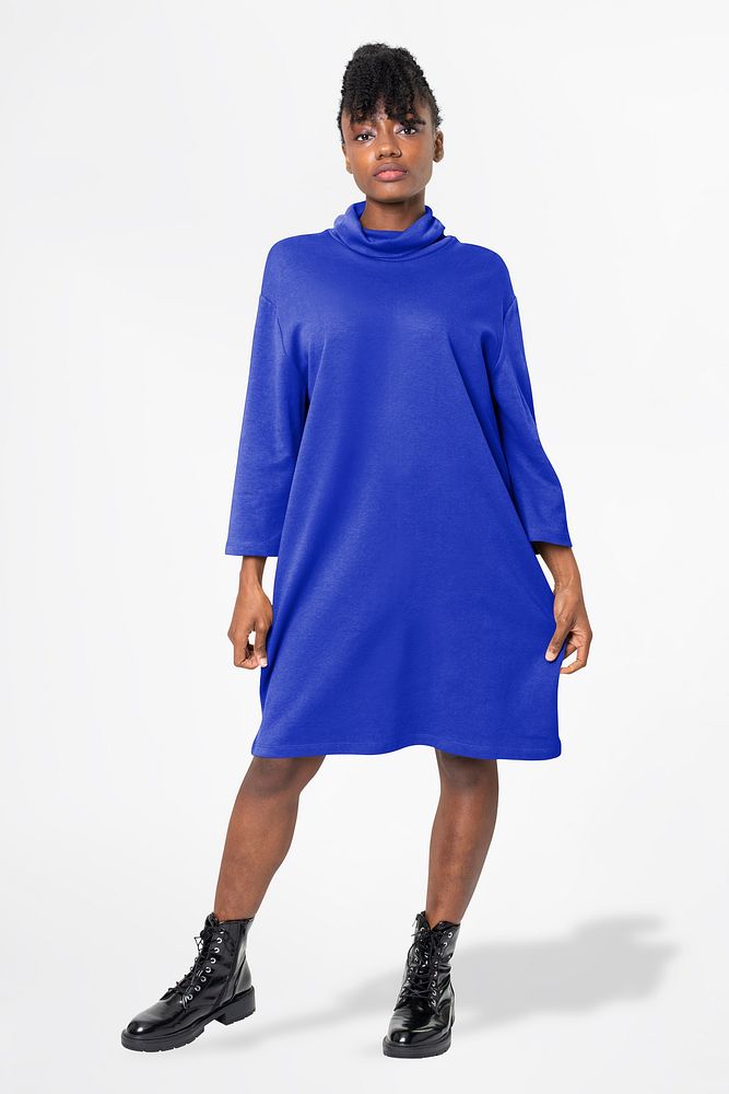 Blue long sleeve dress, women's fashion