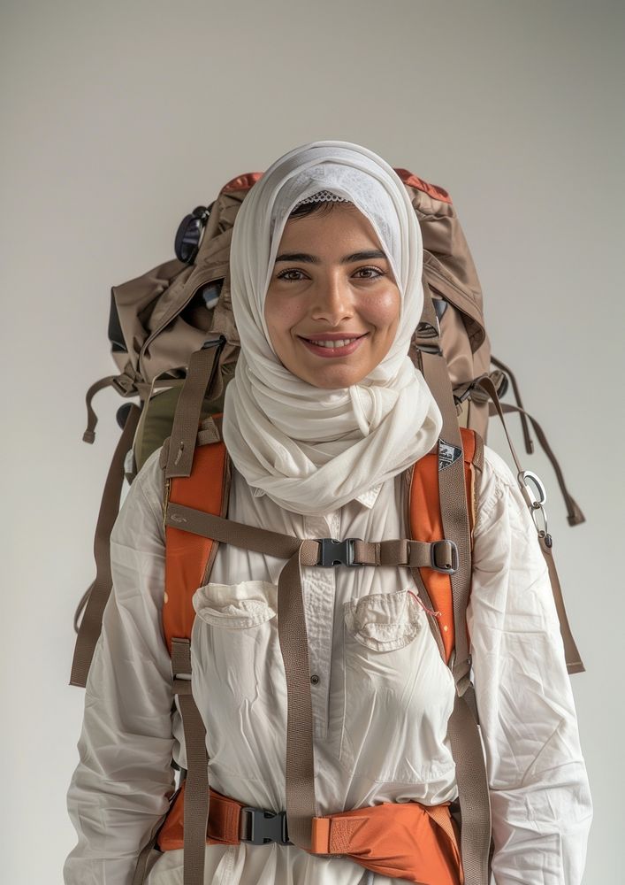 Young middle east female Traveler backpacker accessories astronaut accessory.