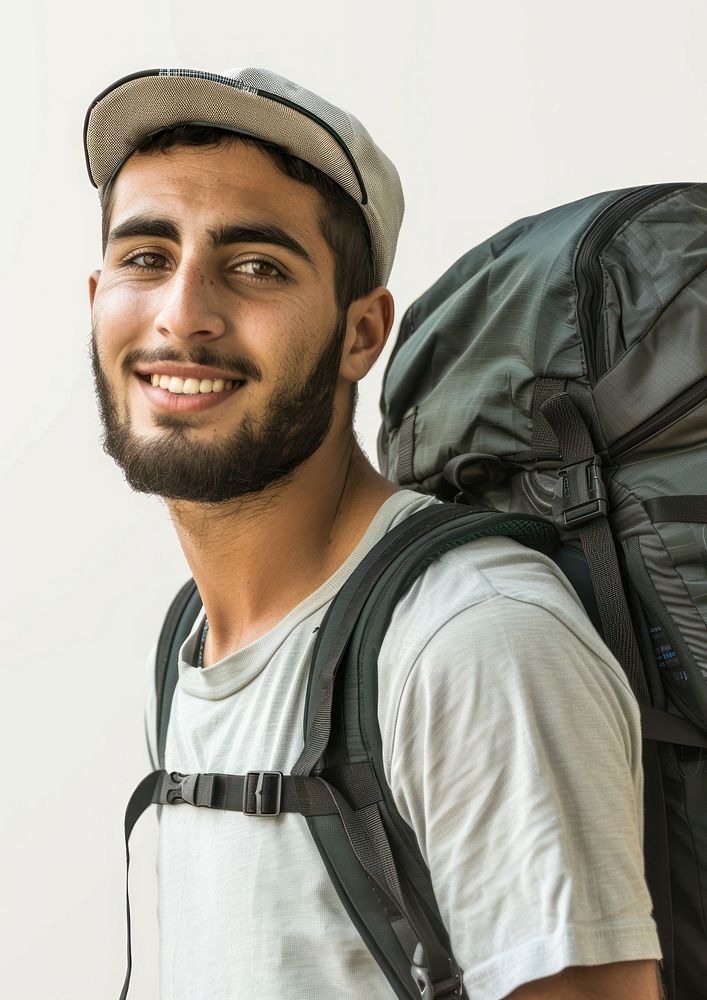 Young middle east male Traveler backpacker happy backpacking dimples.