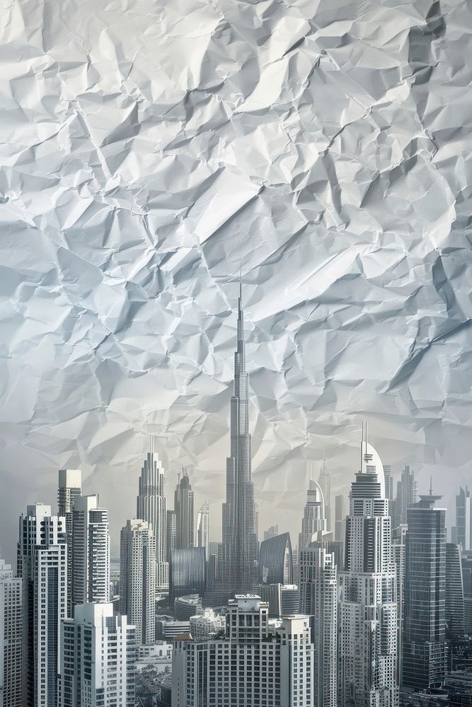 Dubai in style of crumpled architecture cityscape building.