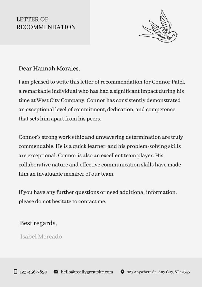 Letter of recommendation template, editable text