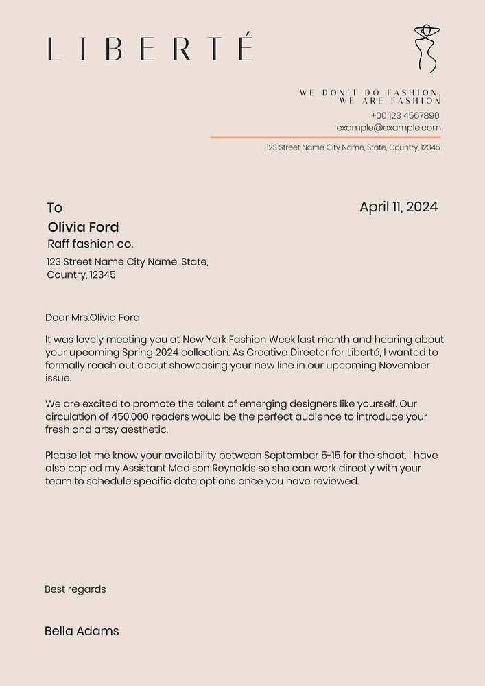 Fashion business letter template, editable text