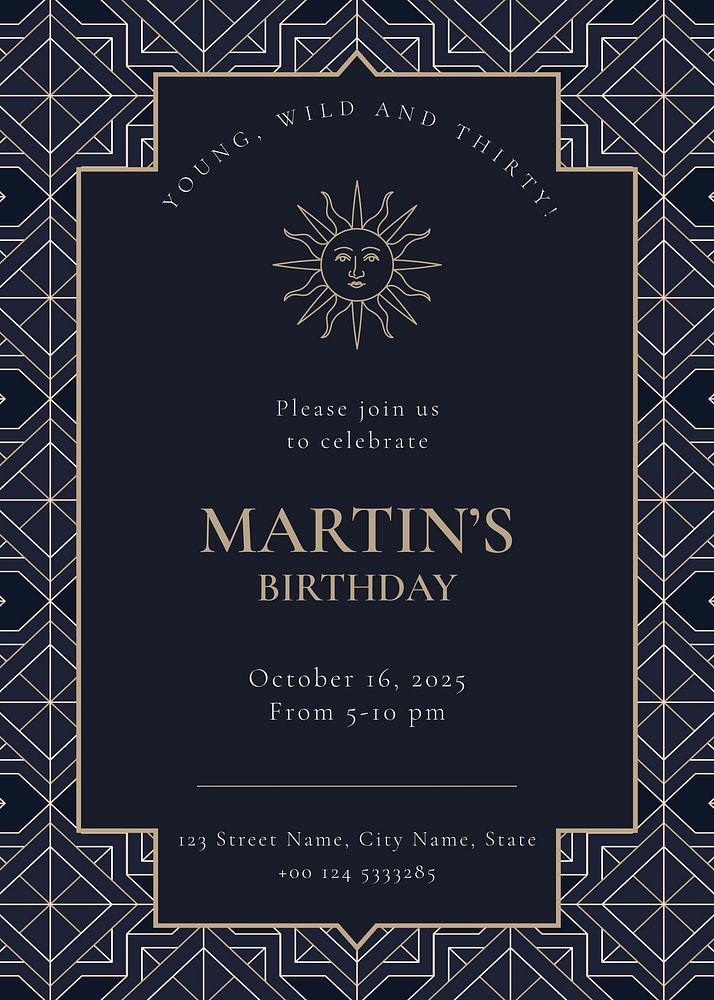 Birthday invitation card template, art deco design