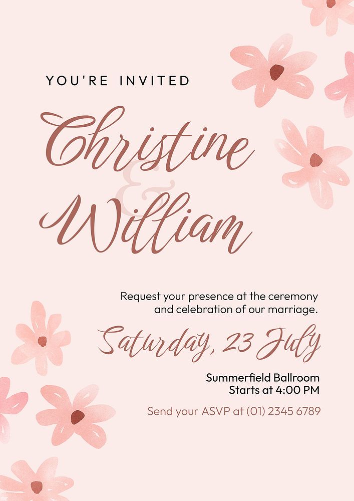 Floral wedding invitation template, pink Spring aesthetic poster