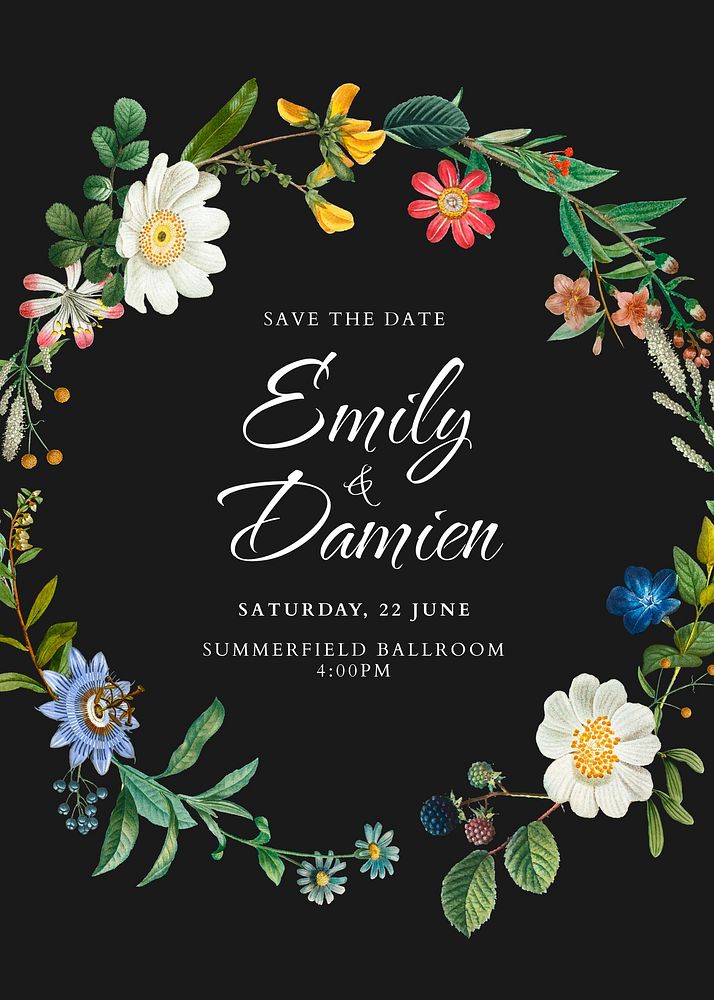 Floral wedding invitation template, celebration event poster