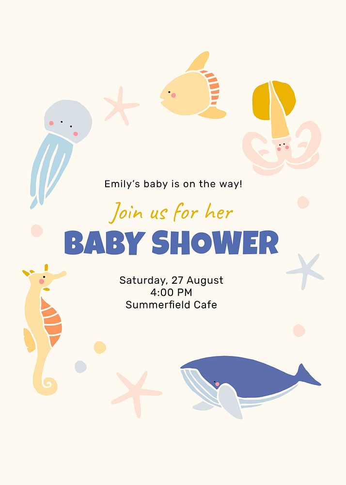 Baby shower celebration template, cute sea animals invitation poster