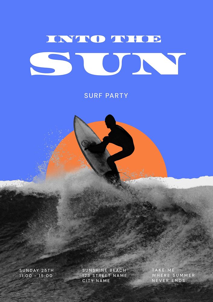 Surfing aesthetic poster editable template, sunset remix