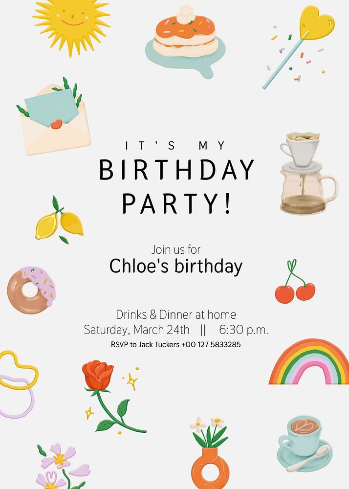 Birthday party invitation card template, editable text