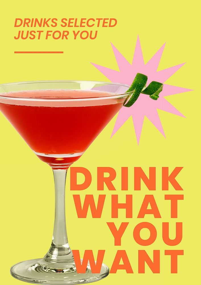 Colorful cocktail poster editable template, drink what you want