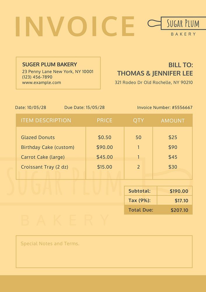 Bakery invoice template, finance & accounting design