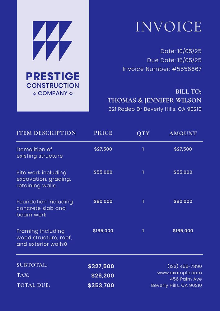 Construction company invoice template, finance & accounting design