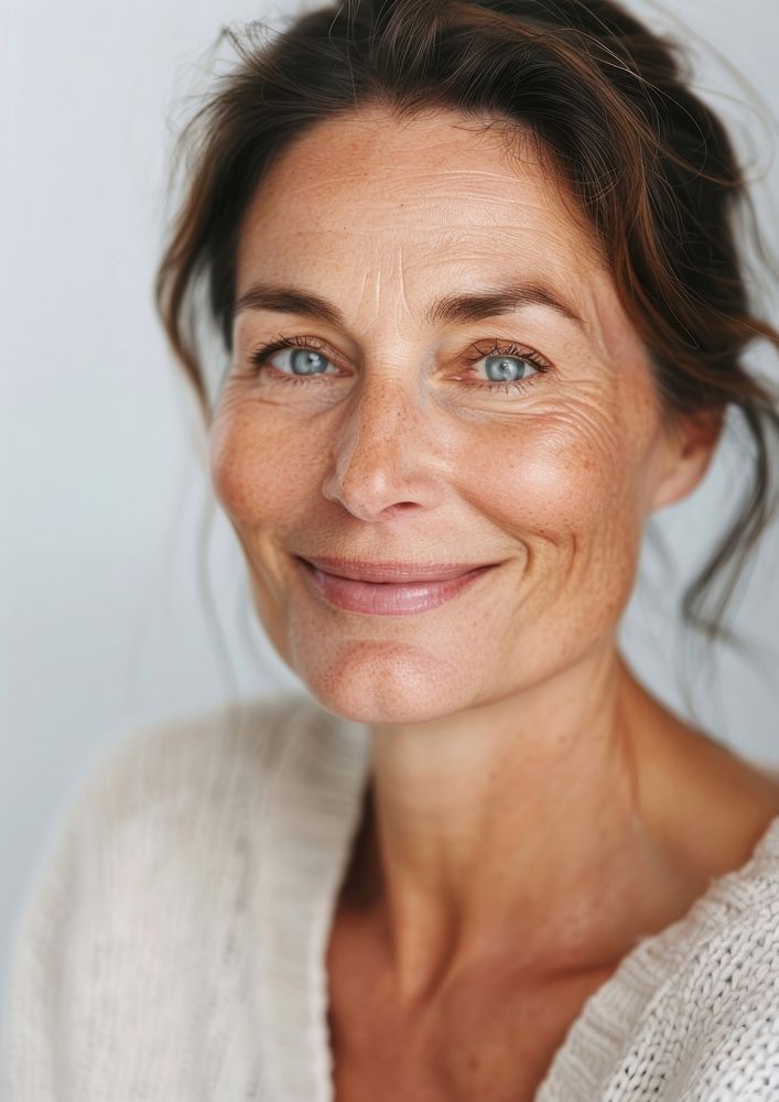 A middle age woman happy with no makeup photography smile portrait.
