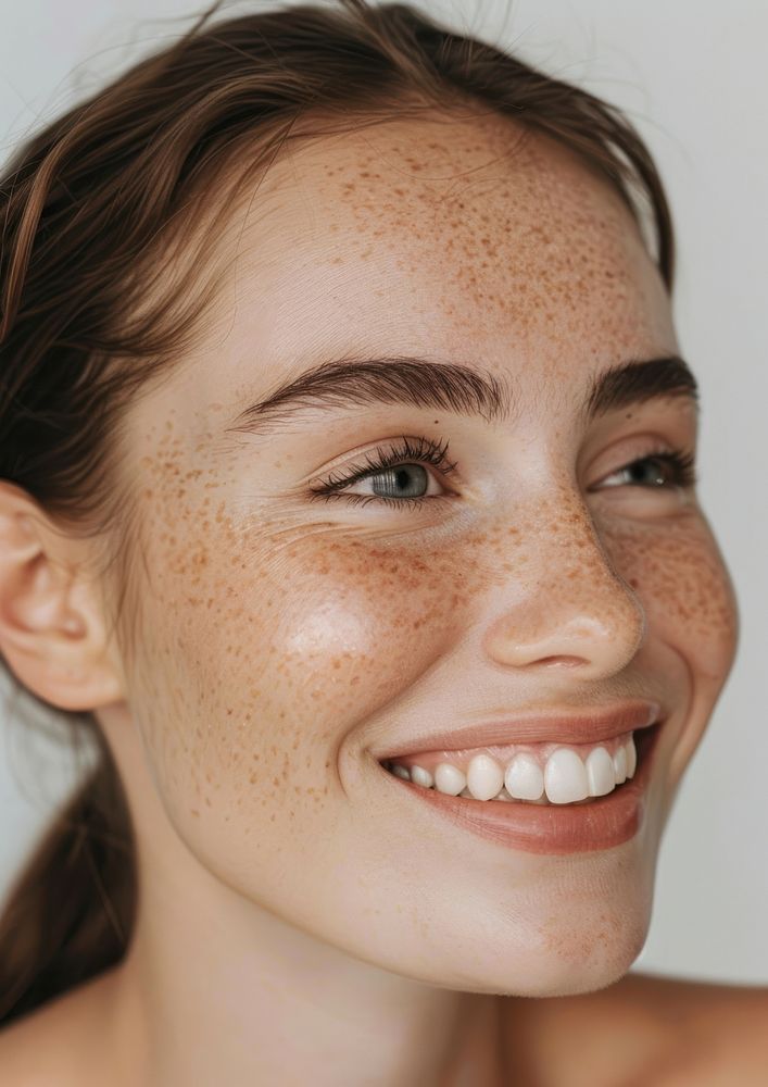 Woman happy with no makeup skin freckle person.