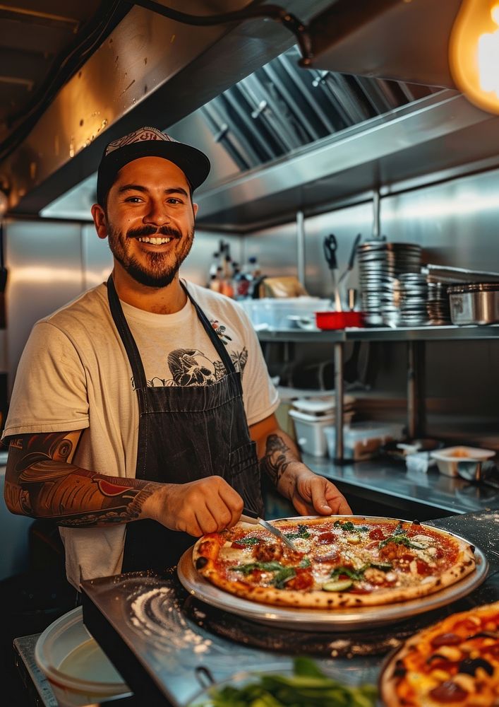 A smiling chef pizza person adult.