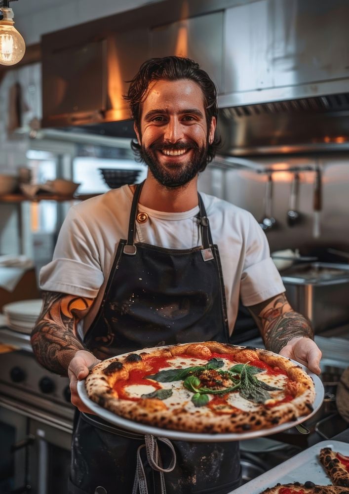 A smiling chef pizza person tattoo.