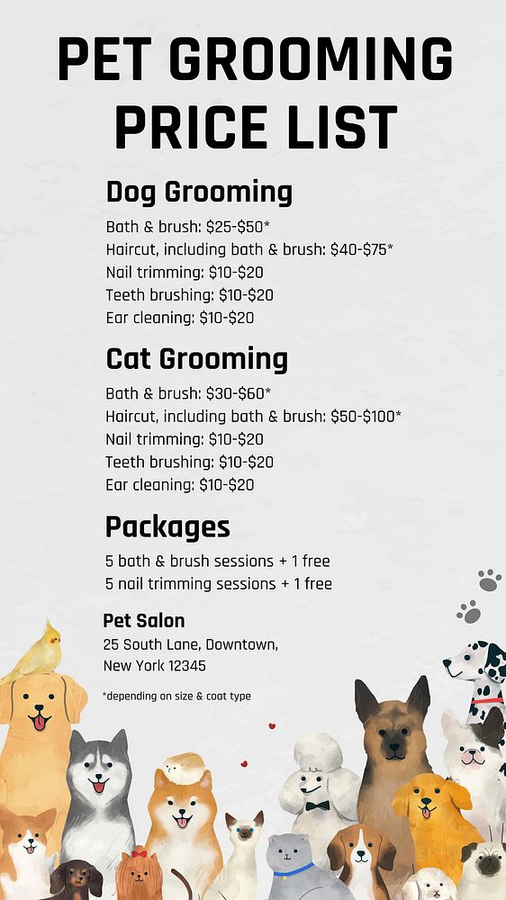 Pet grooming prices Instagram story template
