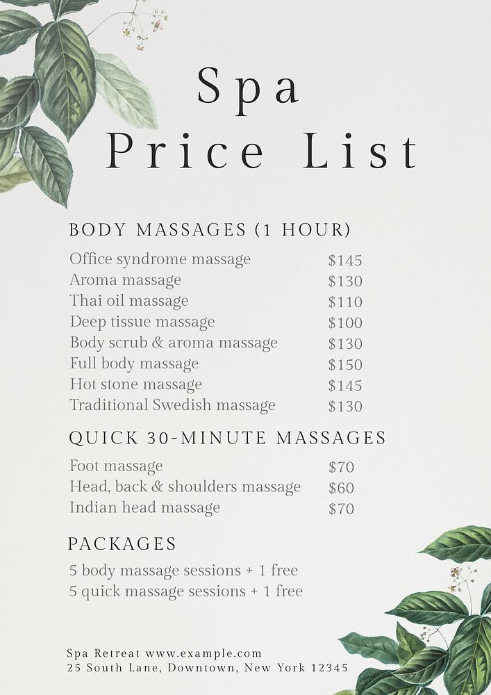 Spa price list  poster template