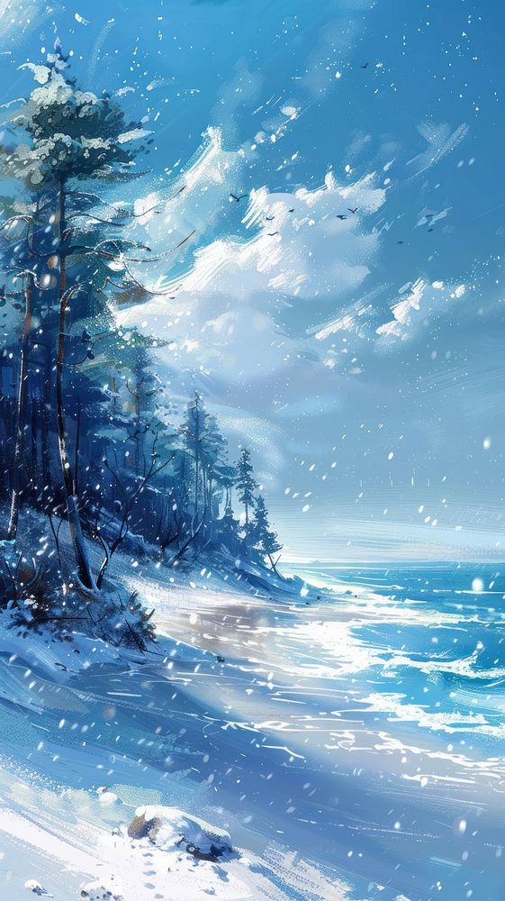 Snowfall beach landscape outdoors painting.