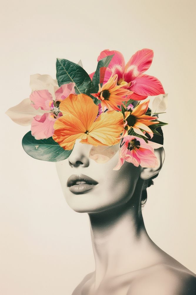 Woman portrait with flowers face art photography.