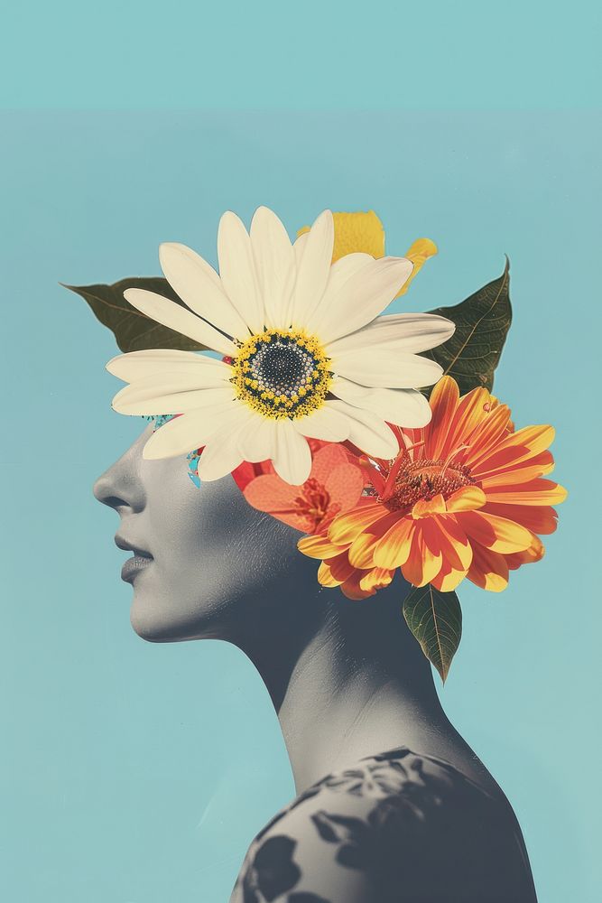 Woman and flower art asteraceae sunflower.