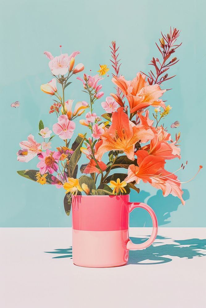 Coffee mug and floral blossom flower plant.