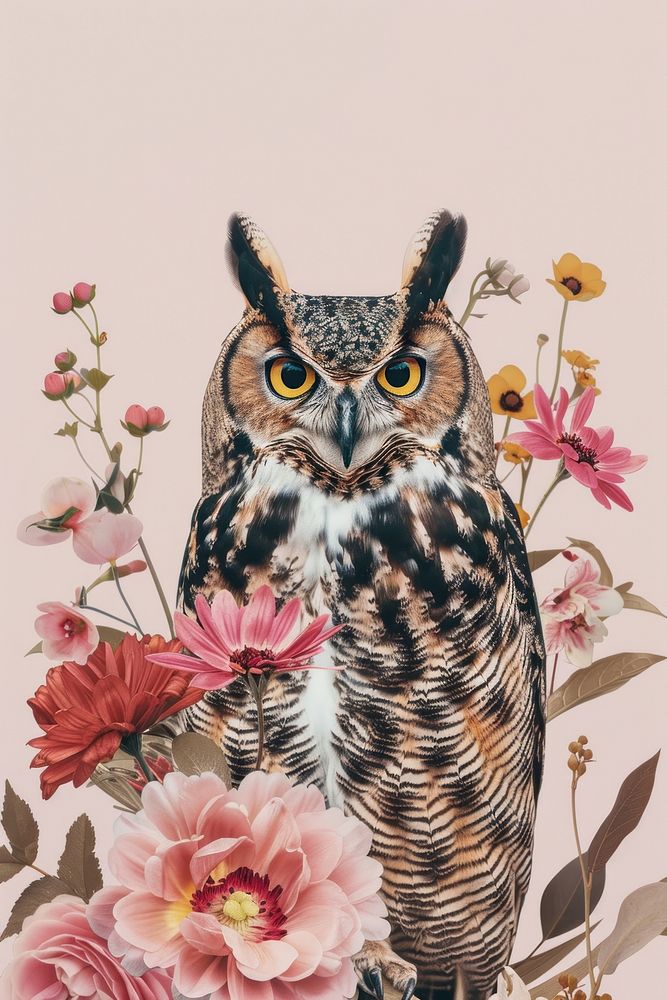 Owl and floral blossom animal flower.
