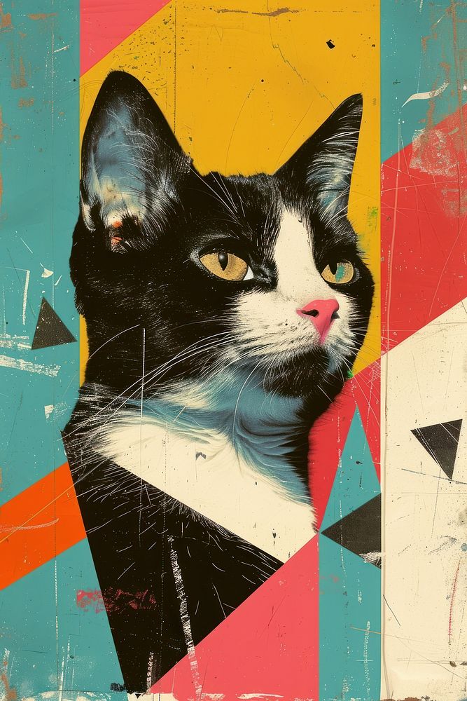 Retro collage of cat art painting animal.