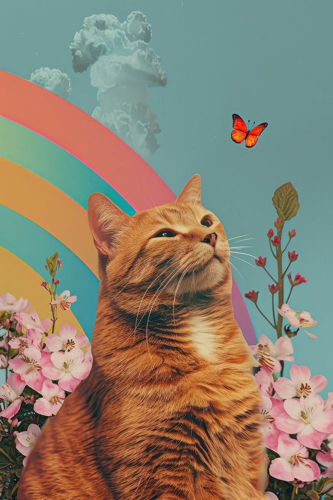 Retro collage of cat art invertebrate butterfly.