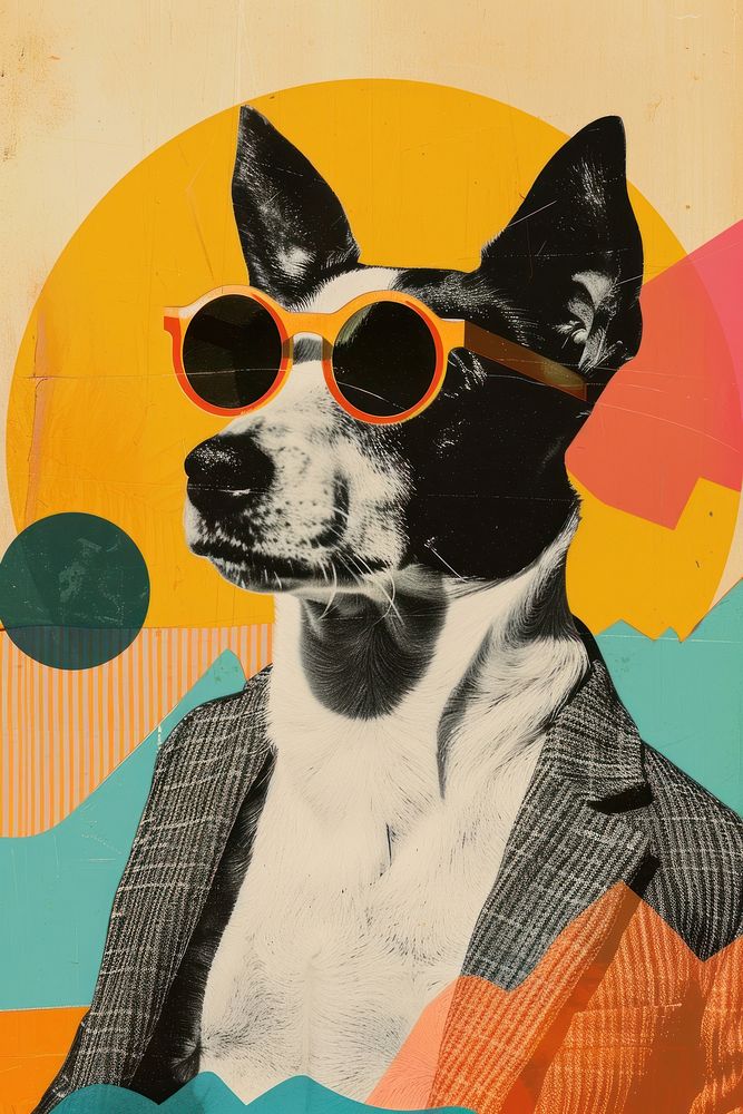 Retro collage of dog art accessories sunglasses.