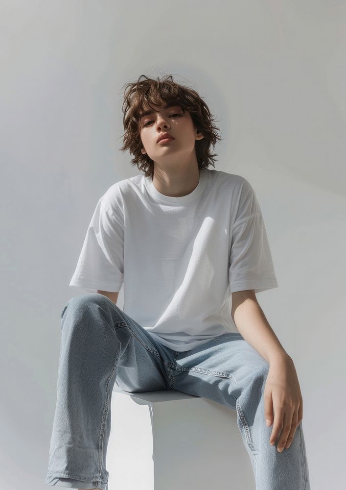 Teenage wearing white t shirt mockup clothing sitting apparel.
