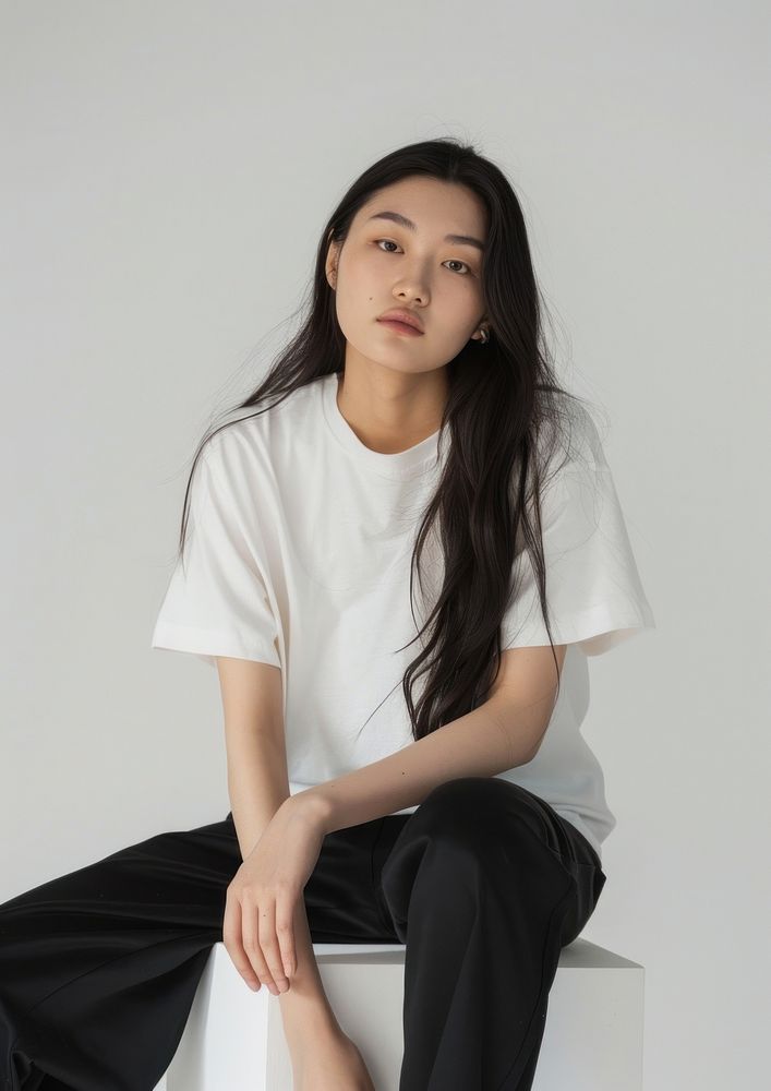 Asian wearing white t shirt mockup clothing apparel sitting.
