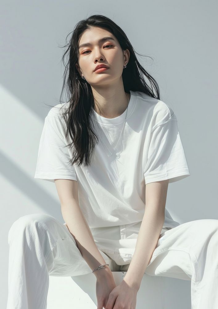Asian wearing white t shirt mockup clothing apparel sleeve.