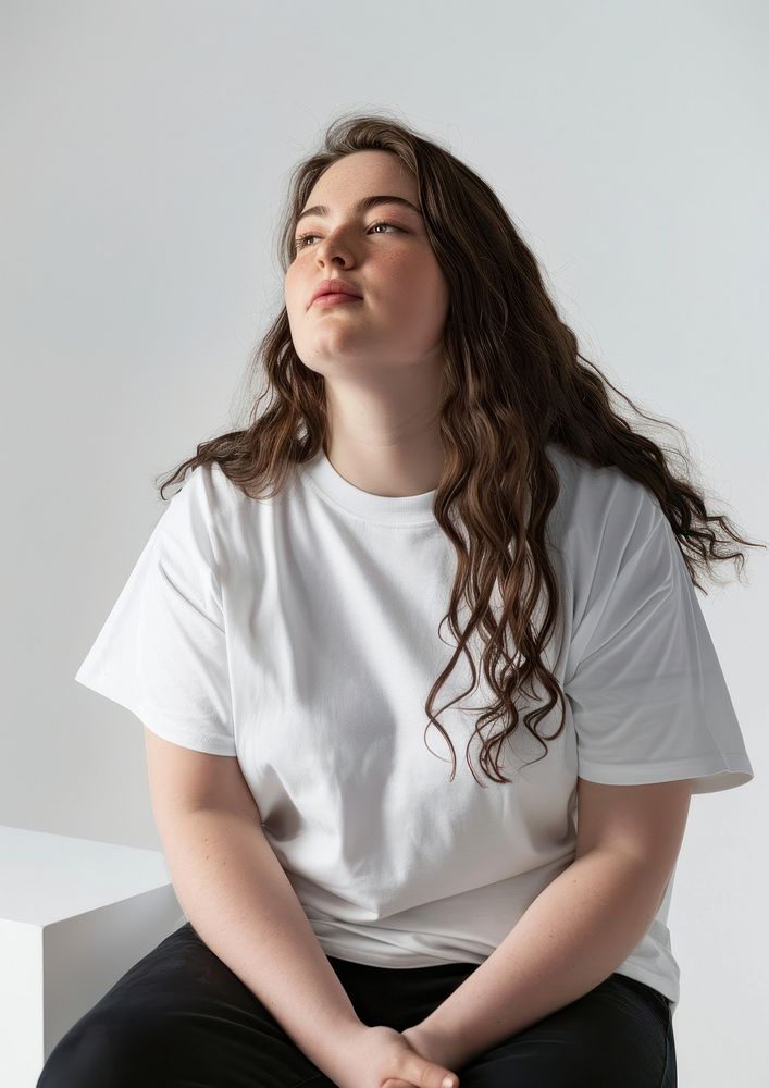 Chubby woman wearing white t shirt mockup photography clothing portrait.