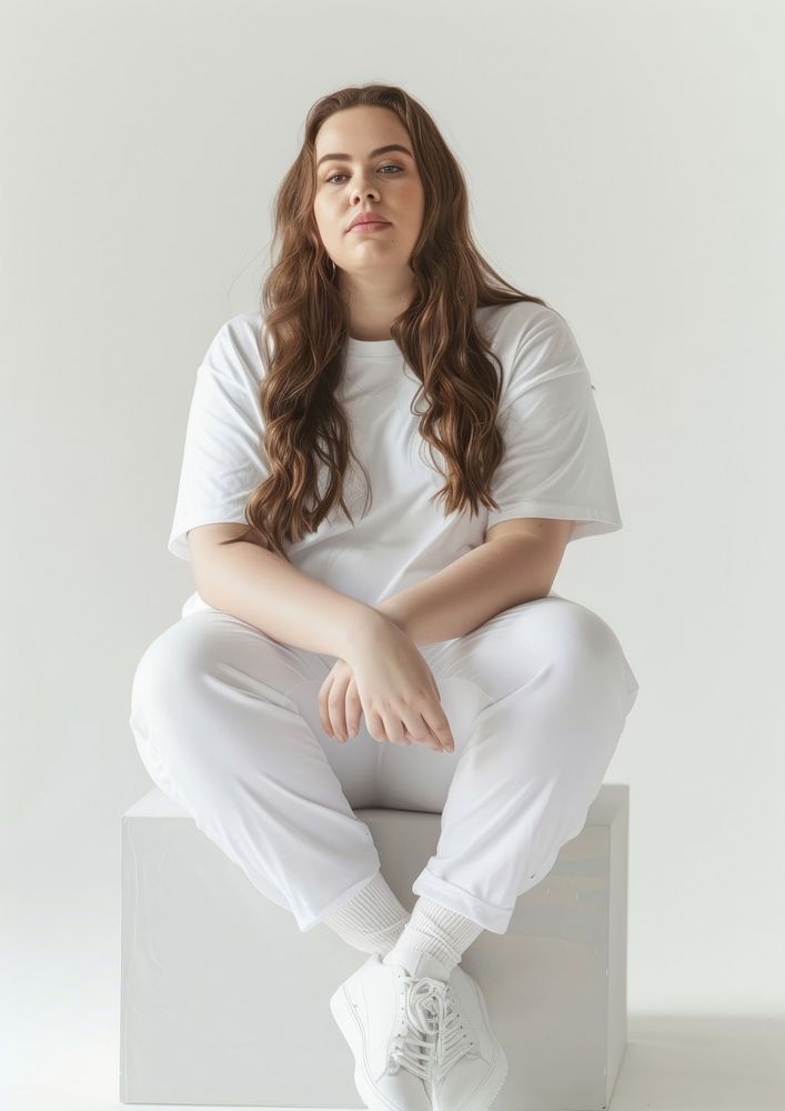 Chubby woman wearing white t shirt mockup clothing sitting apparel.