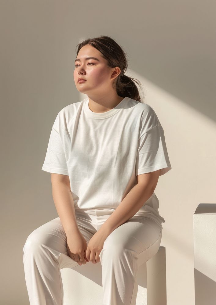 Chubby woman wearing white t shirt mockup clothing apparel sitting.